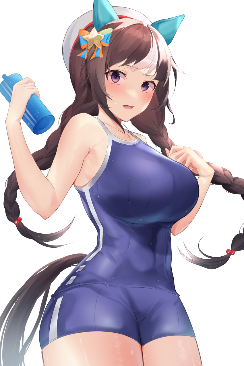 1girl absurdres bare_shoulders blue_one-piece_swimsuit blush bottle bow braid breasts brown_hair commentary_request competition_school_swimsuit cowboy_shot ear_bow ear_covers highres hokko_tarumae_(umamusume) holding holding_bottle large_breasts long_hair low_twin_braids multicolored_hair one-piece_swimsuit open_mouth purple_eyes school_swimsuit simple_background solo streaked_hair striped_bow swimsuit tracen_swimsuit twin_braids umamusume very_long_hair water_bottle wet wet_clothes wet_swimsuit white_background white_hair white_headwear yomesuket