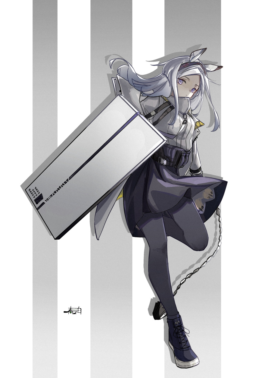1girl absurdres animal_ears arknights closed_mouth commentary_request expressionless flail full_body grey_background grey_hair harukan_tiusu heavyrain_(arknights) high-waist_skirt highres holding holding_shield holding_weapon long_hair looking_at_viewer pantyhose parted_bangs pleated_skirt purple_eyes purple_footwear purple_pantyhose purple_skirt shield shoes signature skirt sneakers solo strap sweater weapon white_background white_sweater