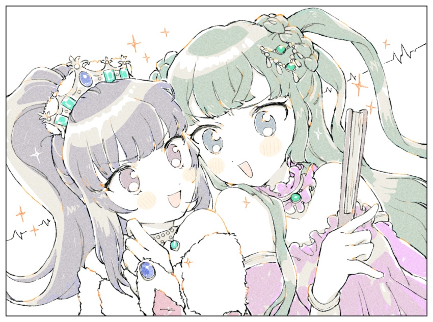 2girls :d bare_shoulders blue_eyes blunt_bangs braid commentary_request crown face-to-face folded_fan folding_fan green_hair hanazono_shuka hand_fan hand_up holding holding_fan idol_time_pripara long_hair multiple_girls nanafushi_sodatsu open_mouth pale_color ponytail pretty_series pripara purple_eyes purple_hair simple_background smile tsukikawa_chili two_side_up white_background