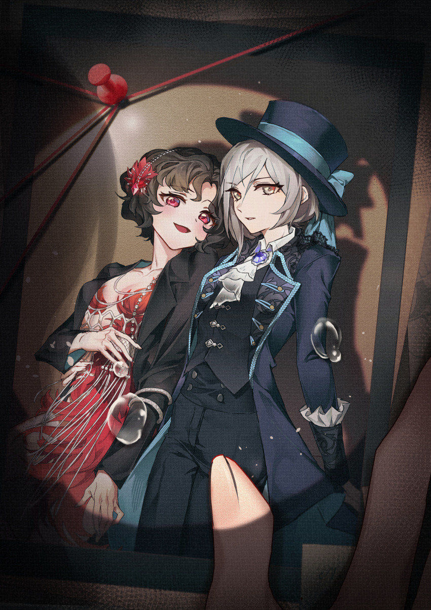 2girls :d absurdres ascot black_coat black_hair black_headwear black_pants black_vest blue_bow boater_hat bow coat collared_shirt cowboy_shot dress feather-trimmed_dress feather_hair_ornament feathers fighting_yupao grey_eyes grey_hair hair_ornament hairband hat hat_bow highres holding_hands looking_at_viewer multiple_girls pants photo_(object) pov pov_hands red_dress red_eyes red_rope reverse:1999 rope schneider_(reverse:1999) shadow shirt short_hair smile spotlight thumbtack vertin_(reverse:1999) vest waistcoat water_drop white_ascot white_shirt