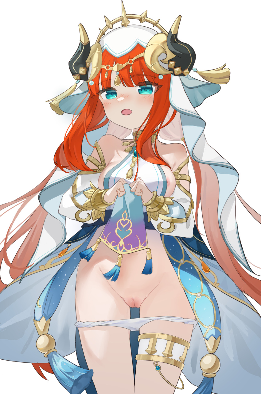 1girl absurdres areola_slip bare_shoulders blue_eyes blue_gemstone blush breasts circlet clothes_lift detached_sleeves dress dress_lift fake_horns gem genshin_impact gold_trim harem_outfit highres horns jewelry lifted_by_self long_hair long_sleeves looking_at_viewer medium_breasts mou_banlangen neck_ring nilou_(genshin_impact) open_mouth panties panty_pull puffy_long_sleeves puffy_sleeves pussy red_hair sideboob solo standing thighlet thighs underwear veil white_background white_headdress white_panties white_veil