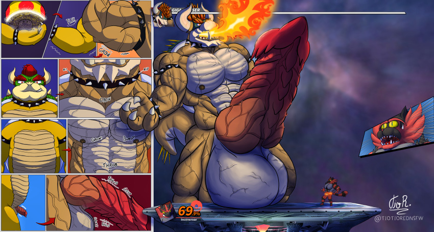 abs absurd_res anthro arm_growth artist_name balls big_balls big_muscles big_pecs big_penis body_size_growth boss_battle bowser bracelet cel_shading claws clothing collar colored comic cosmic_background detailed_background digital_drawing_(artwork) digital_media_(artwork) duo english_text erection expansion felid feline fingers fire fungus fur gameplay_mechanics generation_7_pokemon genital_growth genitals giga_mushroom growth growth_lines growth_sequence gui hair health_bar hi_res horn huge_balls huge_penis hyper hyper_balls hyper_genitalia hyper_penis incineroar interface jewelry knot koopa limb_growth macro male mammal mario_bros muscle_growth muscular muscular_anthro muscular_growth muscular_male mushroom neck_growth nintendo nipples nude onomatopoeia open_mouth outside pecs penis penis_growth pokemon pokemon_(species) red_body red_fur red_hair scalie shaded shell signature simple_background size_difference size_transformation smile sound_effects space spiked_collar spikes surprised_expression tail teeth text thorns throbbing tiotiored torn_clothing transformation transformation_sequence vein veiny_abs veiny_arms veiny_balls veiny_knot veiny_legs veiny_muscles veiny_penis video_game_reference widescreen yellow_body