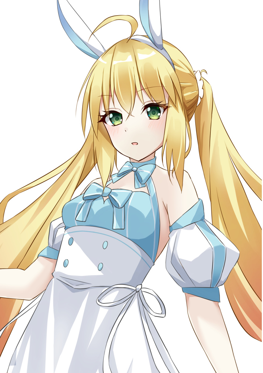 1girl absurdres ahoge animal_ears artoria_caster_(fate) artoria_caster_(swimsuit)_(fate) artoria_pendragon_(fate) blonde_hair blush bow detached_sleeves dress fake_animal_ears fate/grand_order fate_(series) green_eyes hairband halter_dress halterneck highres long_hair looking_at_viewer mikqze open_mouth rabbit_ear_hairband rabbit_ears short_sleeves solo twintails very_long_hair