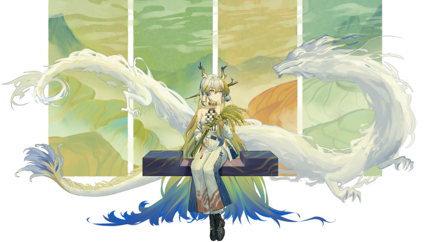 1girl absurdly_long_hair absurdres arknights bare_shoulders black_footwear blonde_hair blue_eyes blue_hair closed_mouth cloud colored_skin commentary_request dragon dragon_girl dragon_horns dragon_tail earrings eastern_dragon eyeliner green_sky hair_ornament hair_stick highres holding holding_plant holding_wheat horns jacket jewelry long_hair long_sleeves makeup minuo mountainous_horizon multicolored_hair off_shoulder open_clothes open_jacket pants plant pointy_ears red_eyeliner red_pupils shirt shu_(arknights) sitting sky smile solo strapless strapless_shirt tail very_long_hair white_hair white_jacket white_pants white_shirt wide_shot yellow_skin yellow_sky