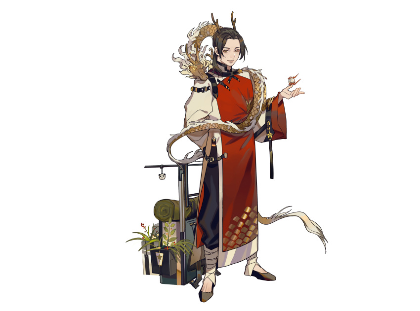 1boy antlers axis_powers_hetalia bag balancing_on_finger bandaged_leg bandages black_bag black_footwear black_hair black_pants carpet china_(hetalia) daligaoxin163 dragon eastern_dragon flats forehead full_body green_eyes hand_up highres horns long_sleeves looking_at_viewer marble_(toy) medium_hair panda_ornament pants parted_lips plant ponytail red_robe robe simple_background solo standing strap tachi-e two-tone_robe white_background white_robe wide_sleeves