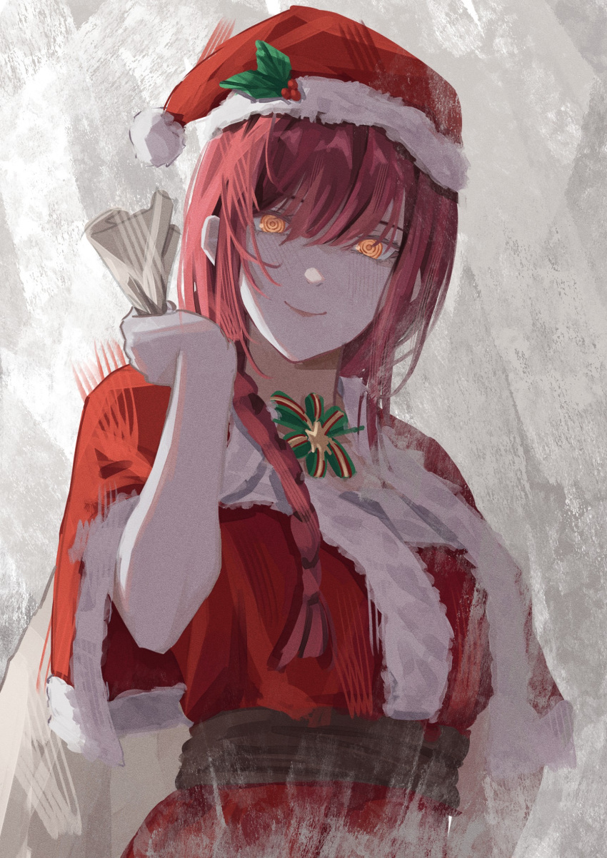 1girl absurdres bag braid chainsaw_man christmas closed_mouth commentary_request gift_bag hat highres holding holding_bag komura_hiroto looking_at_viewer makima_(chainsaw_man) red_hair red_headwear ringed_eyes santa_costume santa_hat shirt smile solo yellow_eyes