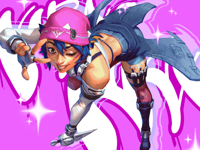 1girl absurdres antifragile_kira-kira beanie bent_over blue_hair elbow_gloves gloves hat headphones headphones_around_neck highres holding holding_knife jeremy_anninos kiriko_(overwatch) knife knife_sheath kunai official_alternate_costume one_eye_closed open_mouth overwatch overwatch_2 pink_beanie sheath solo sparkling_eyes thigh_sheath weapon