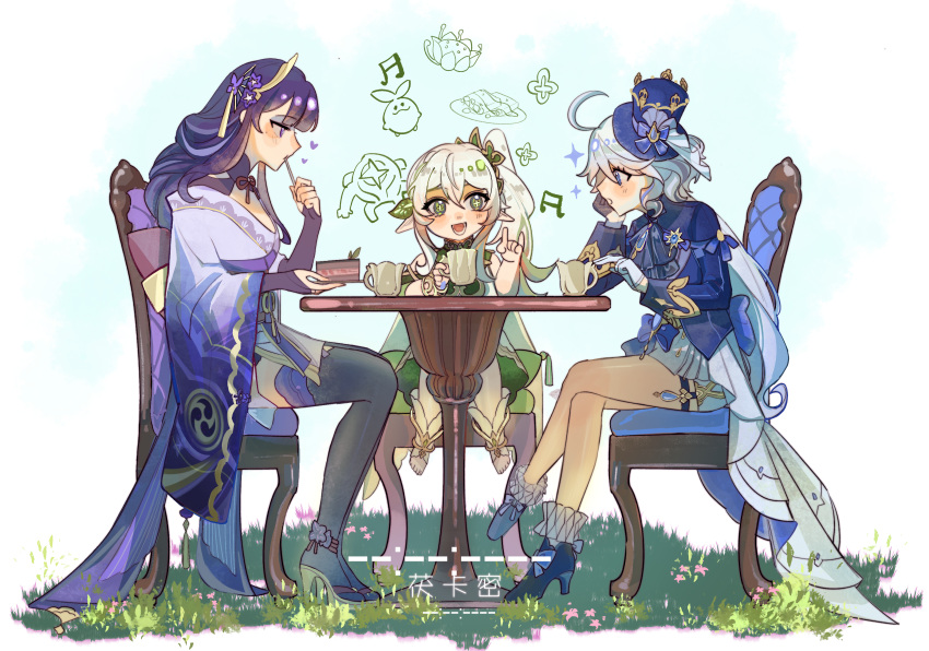 3girls absurdres ahoge blue_eyes blue_hair blue_sky braid cake cake_slice chair crossed_legs cup eating food fox_shadow_puppet from_side furina_(genshin_impact) genshin_impact gloves grass green_eyes hair_between_eyes hair_ornament hand_on_own_cheek hand_on_own_face hand_up hat heart high_heels highres holding holding_cup holding_food japanese_clothes light_blue_hair long_hair looking_at_another mole mole_under_eye multicolored_hair multiple_girls musical_note nahida_(genshin_impact) nihaowojiaoshanghetu open_mouth outdoors pointy_ears purple_eyes purple_hair raiden_shogun side_ponytail single_braid sitting sky spoken_heart spoken_musical_note spoon table teacup thighs toes