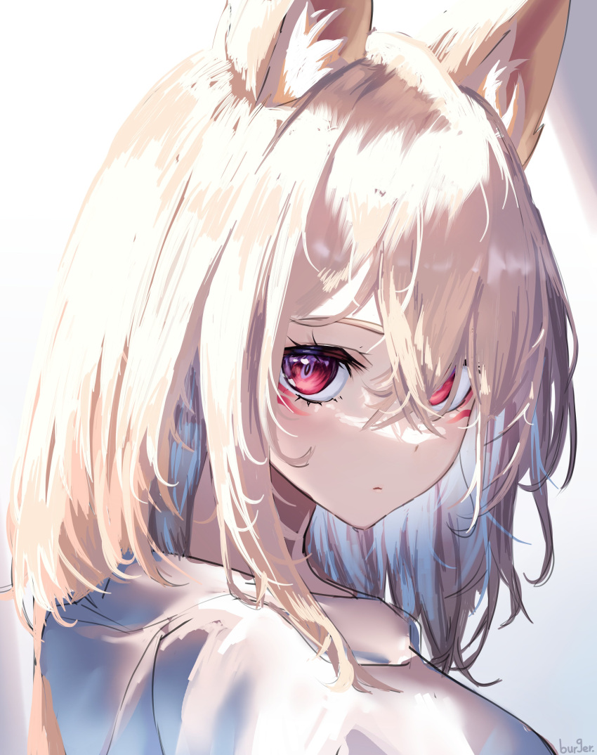 1girl absurdres animal_ears blonde_hair burgerpackaging facial_tattoo fluff fox_ears fox_girl fox_tail highres hood hoodie original portrait red_eyes sweater tail tattoo