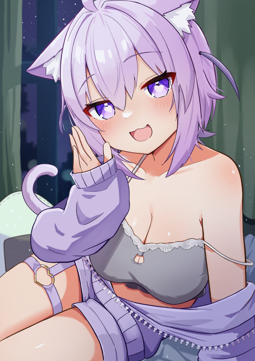 1girl animal_ear_fluff animal_ears black_camisole breasts camisole cat_ears cat_girl cat_tail cleavage cleavage_cutout clothing_cutout heart heart-shaped_pupils heart_o-ring highres hololive jacket large_breasts looking_at_viewer medium_hair nekomata_okayu nekomata_okayu_(7th_costume) o-ring o-ring_thigh_strap official_alternate_costume open_clothes open_jacket open_mouth parijennu222 purple_eyes purple_hair purple_jacket purple_shorts short_shorts shorts smile symbol-shaped_pupils tail thigh_strap two_side_up virtual_youtuber