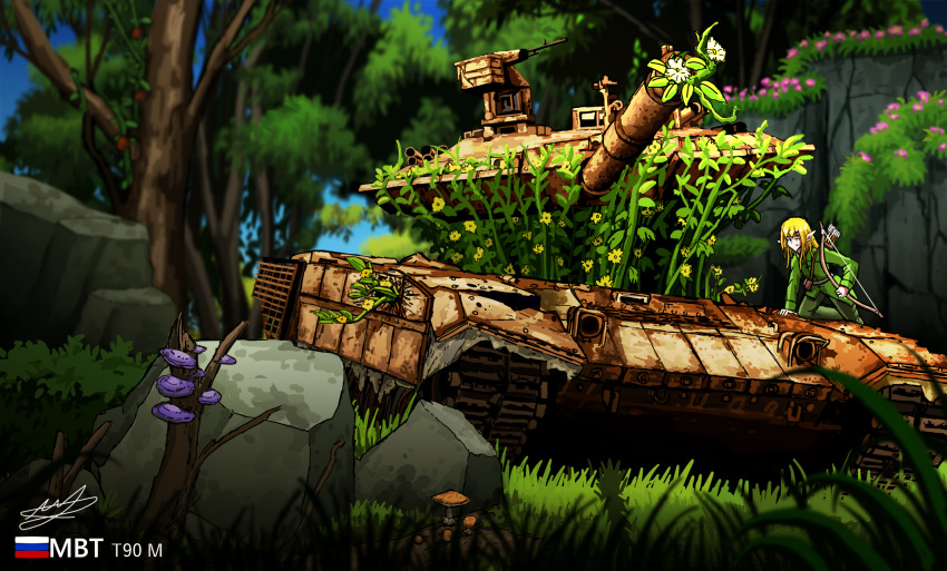 1girl abandoned arrow_(projectile) blonde_hair bow_(weapon) elf flower forest glasses grass hans_(pixiv_37537768) highres holding holding_bow_(weapon) holding_weapon long_hair military_vehicle motor_vehicle mushroom nature original pointy_ears post-apocalypse rock russian_flag scenery signature solo t-90 tank tree weapon