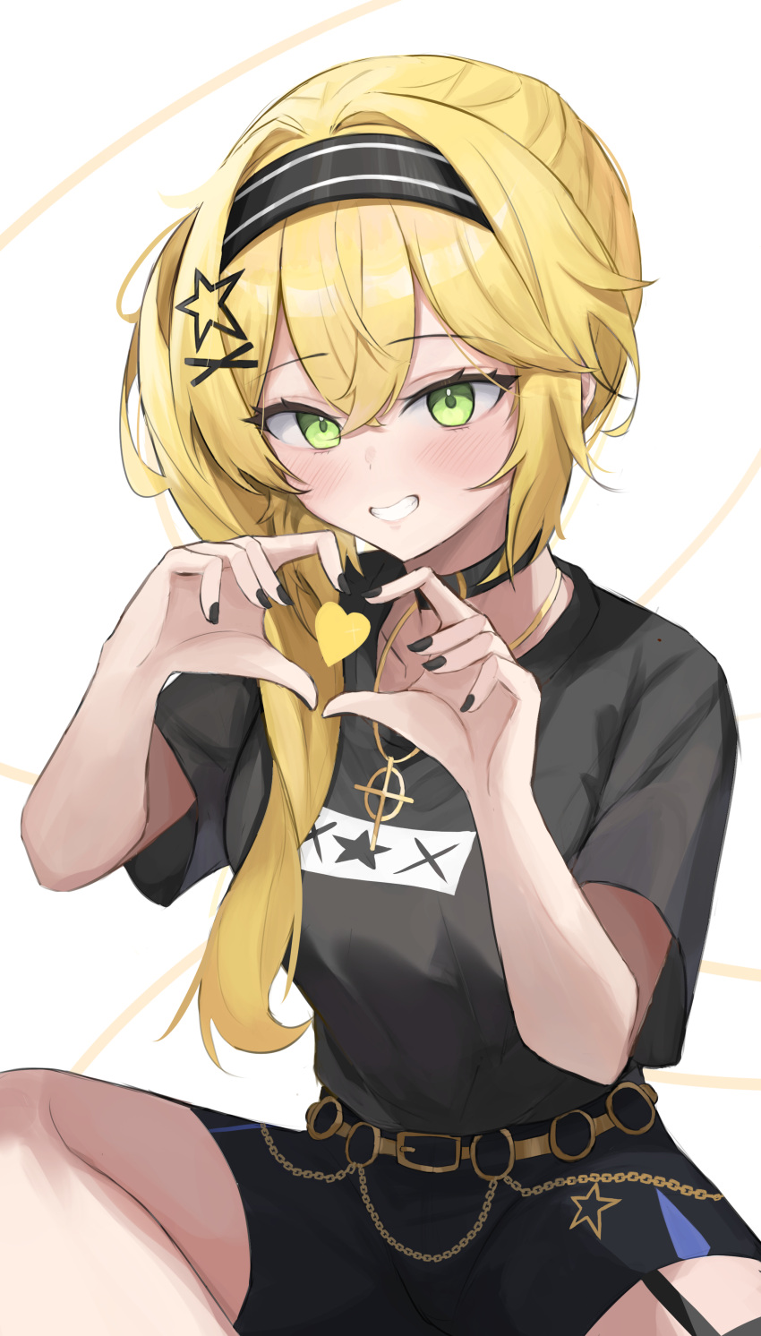 1girl absurdres black_collar black_hairband black_nails black_shirt black_shorts blonde_hair blush collar commentary dokibird_(vtuber) gold_belt gold_necklace green_eyes grin hair_ornament hairband heart heart_hands highres hoangryu indie_virtual_youtuber jewelry long_hair looking_at_viewer nail_polish necklace shirt shorts side_ponytail smile solo star_(symbol) star_hair_ornament virtual_youtuber white_background x_hair_ornament