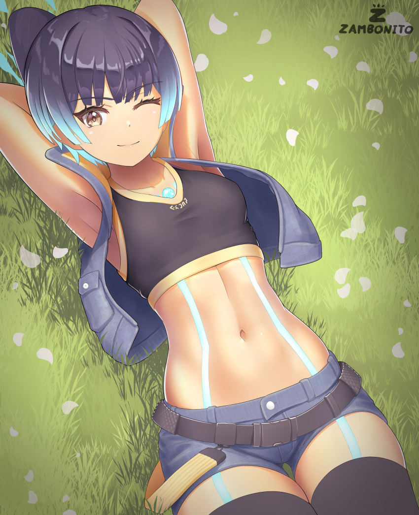 1girl absurdres arms_behind_head arms_up belt blue_hair chest_jewel crop_top fiery_hair glowing_lines grass highres looking_at_viewer loose_belt lying navel on_back one_eye_closed sena_(xenoblade) short_shorts shorts side_ponytail smile solo stomach thighhighs vest xenoblade_chronicles_(series) xenoblade_chronicles_3 zambonito