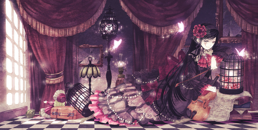 birdcage black_dress black_hair book bow bow_(instrument) broken_mirror brooch bug butterfly cage checkered checkered_floor cross curtains doll dress facial_mark flower frills gothic_lolita grey_eyes hair_flower hair_ornament hairband insect instrument jewelry lamp large_bow lolita_fashion long_hair mirror mirusa original pink_flower pink_rose rose sitting solo suitcase sunlight violin window