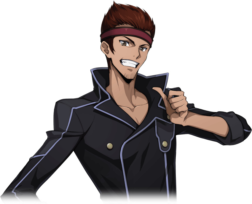 1boy artist_request black_jacket brown_eyes brown_hair buttons code_geass code_geass:_lost_stories collarbone cropped_torso facial_hair game_cg goatee_stubble grin hand_on_own_hip hand_up happy headband jacket looking_at_viewer male_focus non-web_source official_art pectoral_cleavage pectorals pointing pointing_at_self red_headband short_hair sidelocks simple_background smile solo spiked_hair standing stubble tamaki_shin'ichirou teeth thumbs_up transparent_background upper_body v-shaped_eyebrows