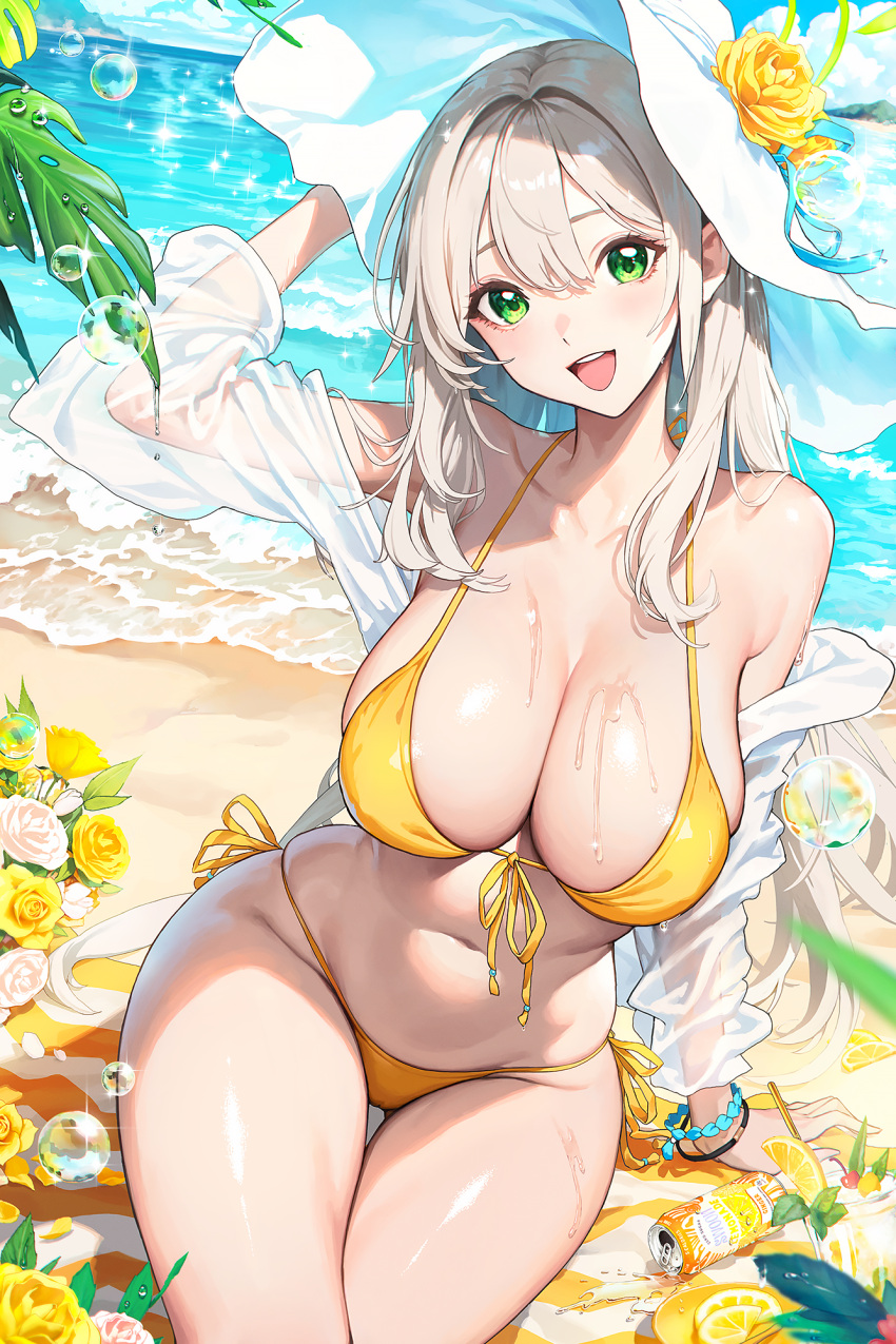 1girl :d bare_shoulders beach bikini blue_archive blue_sky blush breasts can cleavage cloud cocktail cocktail_glass collarbone cup day drink_can drinking_glass flower food front-tie_bikini_top front-tie_top fruit green_eyes green_halo hair_between_eyes hair_flower hair_ornament halo halterneck hat hat_flower highres jacket jewelry large_breasts lemon lemon_slice light_brown_hair long_hair long_sleeves looking_at_viewer navel nonomi_(blue_archive) nonomi_(swimsuit)_(blue_archive) ocean off_shoulder official_alternate_costume open_clothes open_mouth outdoors punc_p see-through see-through_jacket side-tie_bikini_bottom sitting sky smile soda_can solo stomach string_bikini sun_hat swimsuit thighs water wet white_headwear yellow_bikini yellow_flower