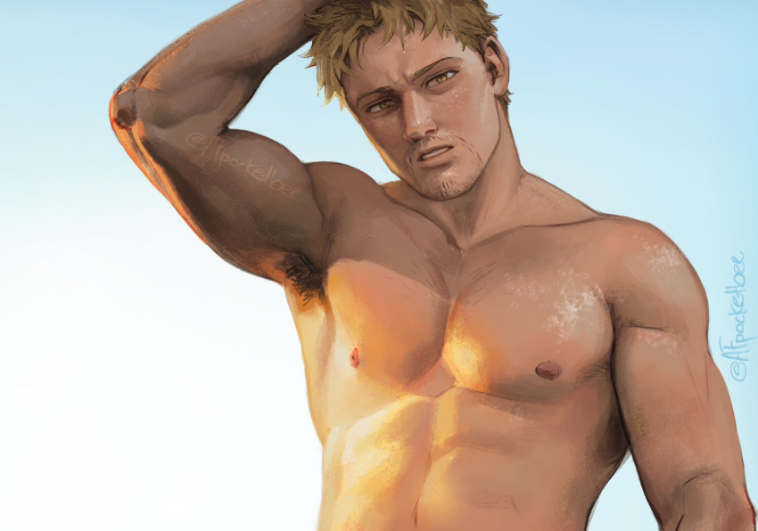 1boy armpit_hair bara blonde_hair facial_hair highres large_pectorals looking_at_viewer male_focus muscular muscular_male navel nipples pectorals pocketbee shingeki_no_kyojin short_hair simple_background solo twitter_username upper_body yellow_eyes