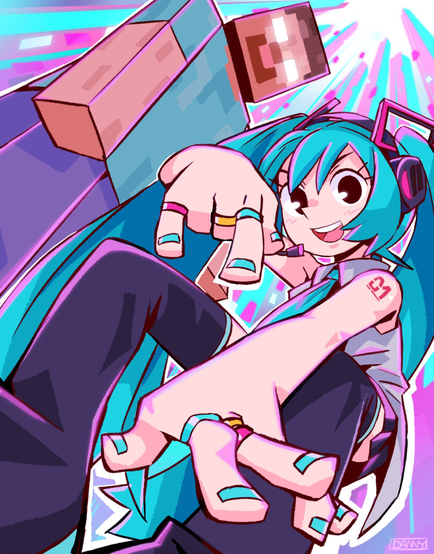 1boy 1girl artist_name black_eyes black_footwear black_skirt black_thighhighs blue_hair blue_nails blue_necktie blue_shirt bow bowtie brown_hair creepypasta danny_but_spooky dress fingernails from_below glowing glowing_eyes grey_dress hatsune_miku headphones herobrine highres jewelry long_hair looking_at_viewer minecraft miniskirt multicolored_background nail_polish necktie salute shirt shoulder_tattoo skirt sleeveless sleeveless_dress tattoo thighhighs twintails vocaloid white_eyes