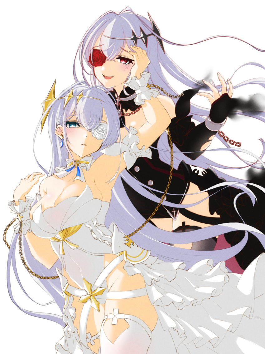 2girls azur_lane black_dress black_thighhighs black_vs_white blue_eyes blue_gemstone breasts chain cleavage contrast detached_collar dress dual_persona emden_(azur_lane) flower flower_over_eye gem highres koucha_(ginnta-tosio) large_breasts lock long_hair looking_at_viewer multiple_girls padlock padlocked_collar red_eyes red_flower red_gemstone red_rose rose simple_background thighhighs very_long_hair white_background white_dress white_flower white_rose white_thighhighs