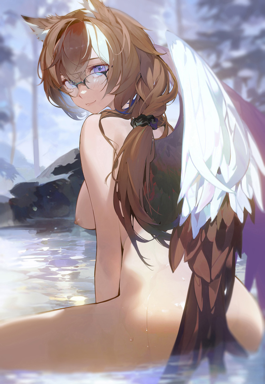 absurdres animal_ear_fluff animal_ears ass blue_eyes blue_sky breasts cloud commission completely_nude drive_shot forest glasses hair_ornament hair_scrunchie highres nature nipples nude original outdoors pixiv_commission pond ponytail rock scrunchie sideboob sky