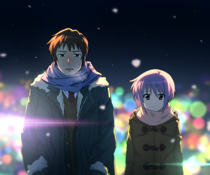 1boy 1girl blue_scarf brown_coat brown_eyes brown_hair brown_sweater_vest closed_mouth coat commentary_request expressionless fur-trimmed_coat fur_trim green_coat hands_in_pockets highres kyon long_sleeves nagato_yuki necktie open_clothes open_coat pink_scarf purple_hair red_necktie scarf shirt short_hair standing suzumiya_haruhi_no_yuuutsu sweater_vest wakana_kuraguchi white_shirt winter_clothes winter_uniform