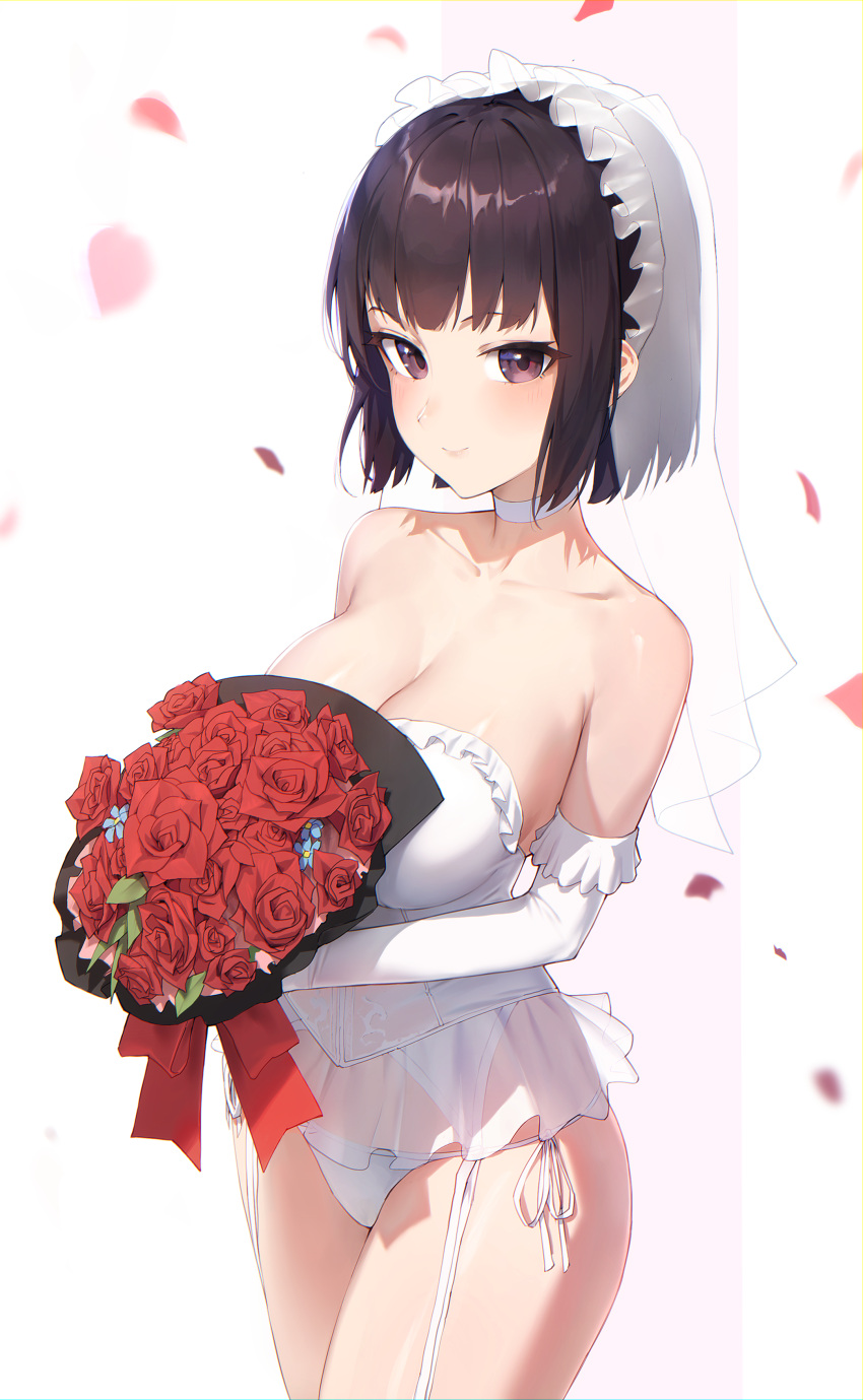 1girl absurdres alaskastomatoez bare_shoulders black_hair bouquet breasts bridal_veil bride brown_eyes cleavage closed_mouth collarbone commission corset cowboy_shot elbow_gloves falling_petals fire_emblem fire_emblem:_thracia_776 flower garter_straps gloves highres holding holding_bouquet large_breasts olwen_(fire_emblem) panties petals rose short_hair side-tie_panties simple_background smile solo underwear veil white_background white_gloves white_panties