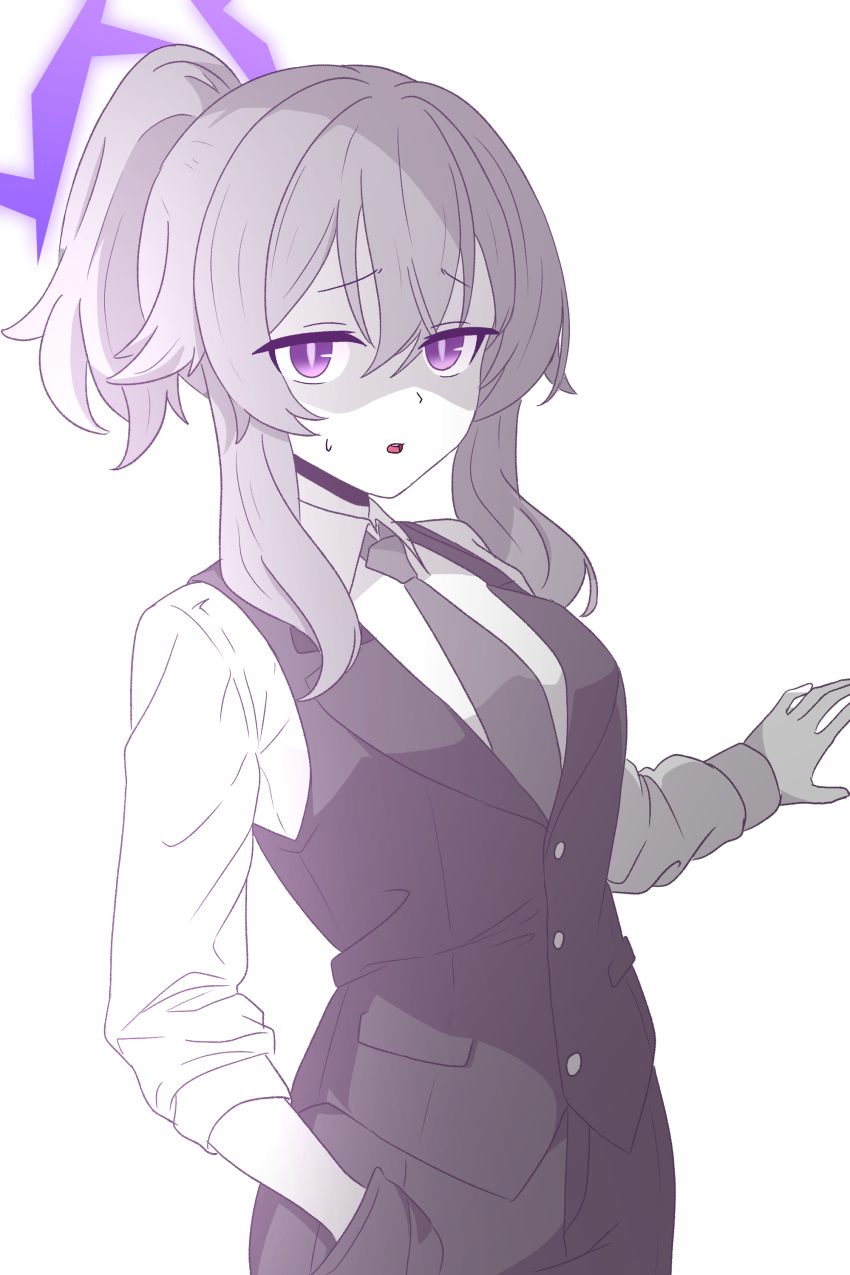 1girl absurdres blue_archive collared_shirt hair_between_eyes halo hand_in_pocket haruka_(blue_archive) high_ponytail highres long_sleeves looking_at_viewer necktie open_mouth purple_eyes purple_halo samess_333 shirt simple_background slit_pupils solo spot_color suit vest white_background