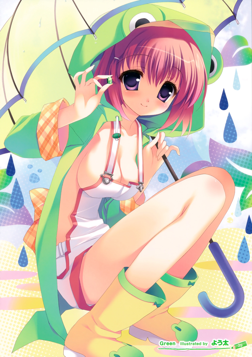 absurdres boots breasts cleavage copyright_request highres medium_breasts naked_overalls no_bra overalls pink_hair purple_eyes rain raincoat sideboob sitting solo umbrella youta