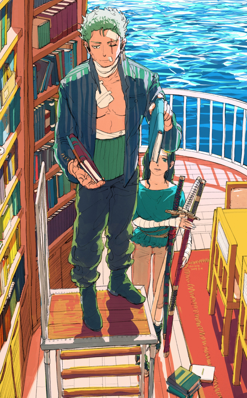 1boy 1girl absurdres bandaid blue_shirt book bookshelf boots carpet chair commentary earrings haramaki highres holding holding_book holding_sword holding_weapon jewelry ladder long_hair molymes nico_robin ocean one_eye_closed one_piece open_clothes open_shirt pants red_carpet roronoa_zoro scar scar_across_eye shirt short_hair striped_clothes striped_shirt sword table vertical-striped_clothes vertical-striped_shirt weapon
