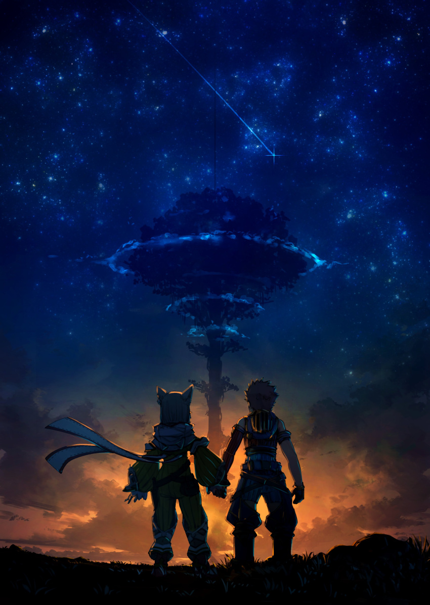 1boy 1girl absurdres animal_ears cat_ears evening from_behind giant_tree gloves grass highres holding_hands nia_(xenoblade) night night_sky poteto_(potetosarada123) rex_(xenoblade) shooting_star short_hair sky standing star_(sky) starry_sky tree xenoblade_chronicles_(series) xenoblade_chronicles_2