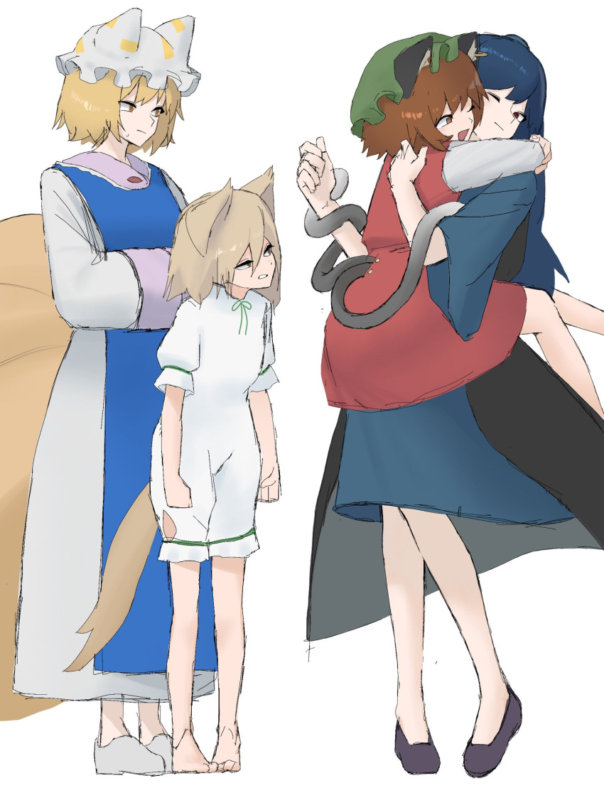 4girls :/ angry animal_ear_piercing animal_ears arms_at_sides bare_legs barefoot blonde_hair blue_dress blue_hair blue_headwear blue_tabard brown_eyes brown_hair cat_ears cat_tail chen closed_mouth commentary_request dark_blue_hair dress earrings fox_ears fox_tail frills full_body green_headwear hair_between_eyes hand_on_own_hip hat height_difference highres hug iizunamaru_megumu jealous jewelry knees_together_feet_apart kudamaki_tsukasa legs_together long_hair long_sleeves looking_down mob_cap mori_dobonua_(mordvna) multiple_girls multiple_tails nekomata open_mouth petite pigeon-toed red_dress romper short_sleeves simple_background single_earring standing tabard tail tokin_hat touhou two_tails v-shaped_eyebrows white_background white_dress white_footwear white_headwear white_romper wide_sleeves yakumo_ran yuri