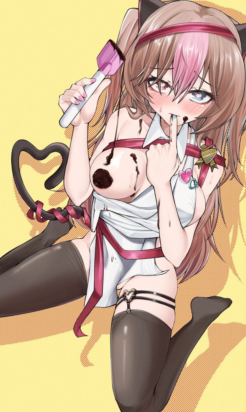 1girl absurdres animal_ears apron black_thighhighs blue_eyes blush brown_hair cat_ears cat_tail chocolate chocolate_on_body chocolate_on_breasts chocolate_on_face commentary_request fake_animal_ears finger_in_own_mouth food food_on_body food_on_face full_body girls'_frontline heart heart-shaped_pupils heterochromia highres holding holding_spatula kuzumotsu long_hair looking_at_viewer mk23_(girls'_frontline) multicolored_hair off_shoulder pink_eyes pink_hair red_ribbon ribbon sitting solo spatula streaked_hair symbol-shaped_pupils tail thighhighs twintails wariza white_apron yellow_background