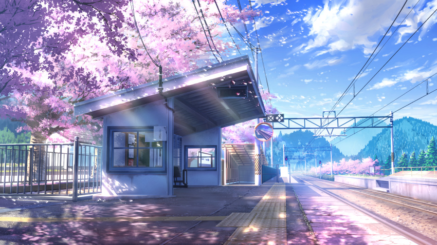 absurdres blue_sky cherry_blossoms cloud commentary_request dappled_sunlight forest highres mirror mountain mountainous_horizon nature no_humans original outdoors power_lines railing rural scenery sky smile_(qd4nsvik) spring_(season) sunlight traffic_mirror train_station train_station_platform tree utility_pole vanishing_point window