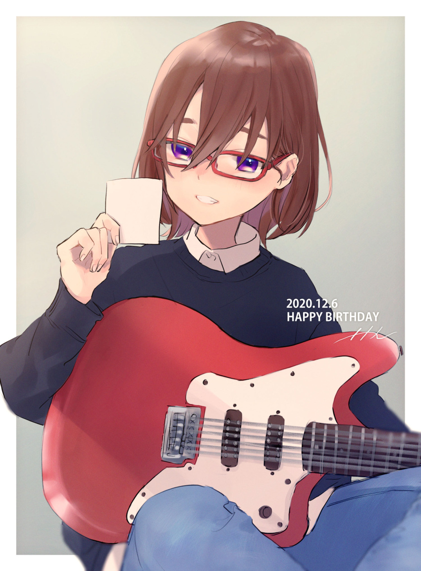 1girl brown_hair collared_shirt dated denim electric_guitar glasses grin guitar happy_birthday highres holding holding_instrument holding_paper indian_style instrument jeans naname_(7name) original pants paper purple_eyes red-framed_eyewear shirt short_hair sitting smile solo sweater