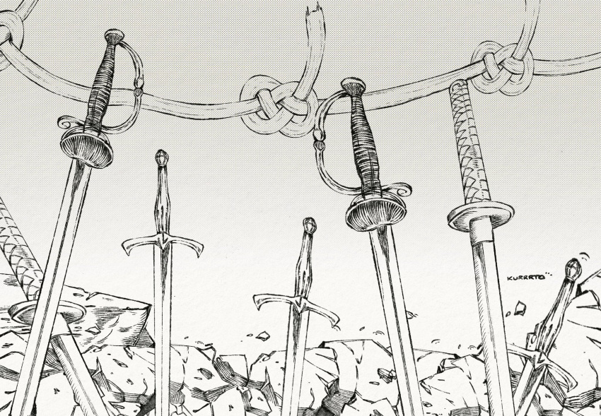 artist_name domain_expansion halftone highres jujutsu_kaisen katana knot kurrrto monochrome multiple_swords no_humans planted planted_sword rock saber_(weapon) simple_background sword weapon