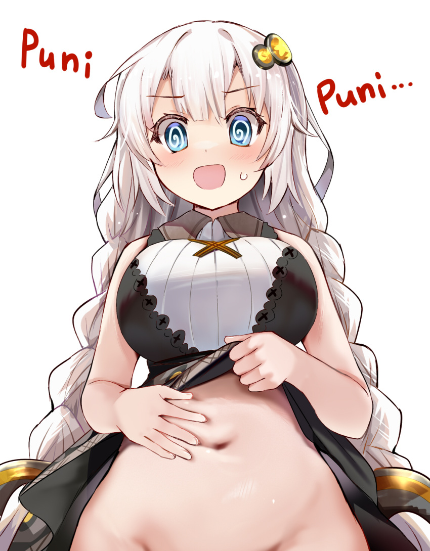 1girl :d @_@ bare_arms black_dress blue_eyes blunt_bangs blush braid breasts clothes_lift commentary_request dress dress_lift efe eyelashes foreshortening from_below grey_hair groin hair_between_eyes hand_on_own_stomach highres impossible_clothes kizuna_akari large_breasts lifted_by_self long_hair looking_down low_twin_braids navel open_mouth out-of-frame_censoring simple_background smile solo sound_effects star_(symbol) star_print stomach sweatdrop tareme twin_braids upper_body voiceroid weight_conscious white_background