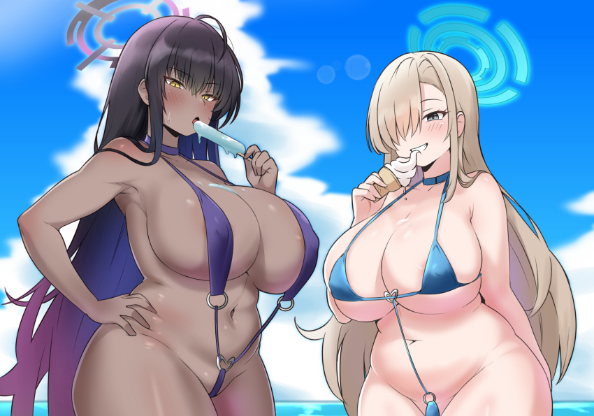 alternate_body_size alternate_breast_size amogan areola_slip asuna_(blue_archive) blonde_hair blue_archive blue_halo blush breasts commentary commentary_request commission day halo highres huge_breasts ice_cream_cone karin_(blue_archive) long_hair navel pixiv_commission plump slingshot_swimsuit swimsuit thick_thighs thighs yellow_eyes