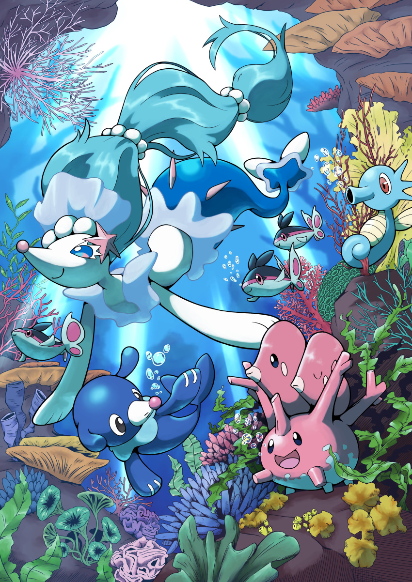 absurdres air_bubble blue_eyes bubble closed_eyes closed_mouth colored_eyelashes commentary_request coral corsola finneon fish highres horsea luvdisc pokemon pokemon_(creature) popplio primarina q-chan red_eyes seahorse seaweed smile u_u underwater