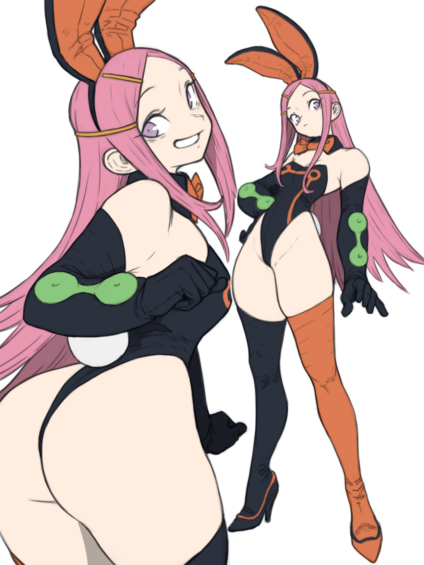 1girl absurdres anemone_(eureka_seven) animal_ears ass black_gloves black_leotard breasts closed_mouth eureka_seven eureka_seven_(series) fake_animal_ears fake_tail gloves hair_ornament hairclip high_heels highleg highleg_leotard highres leotard long_hair looking_at_viewer multicolored_clothes multicolored_legwear pink_hair playboy_bunny purple_eyes rabbit_ears rabbit_tail simple_background smile solo strapless strapless_leotard tail thighhighs toshinoshin white_background