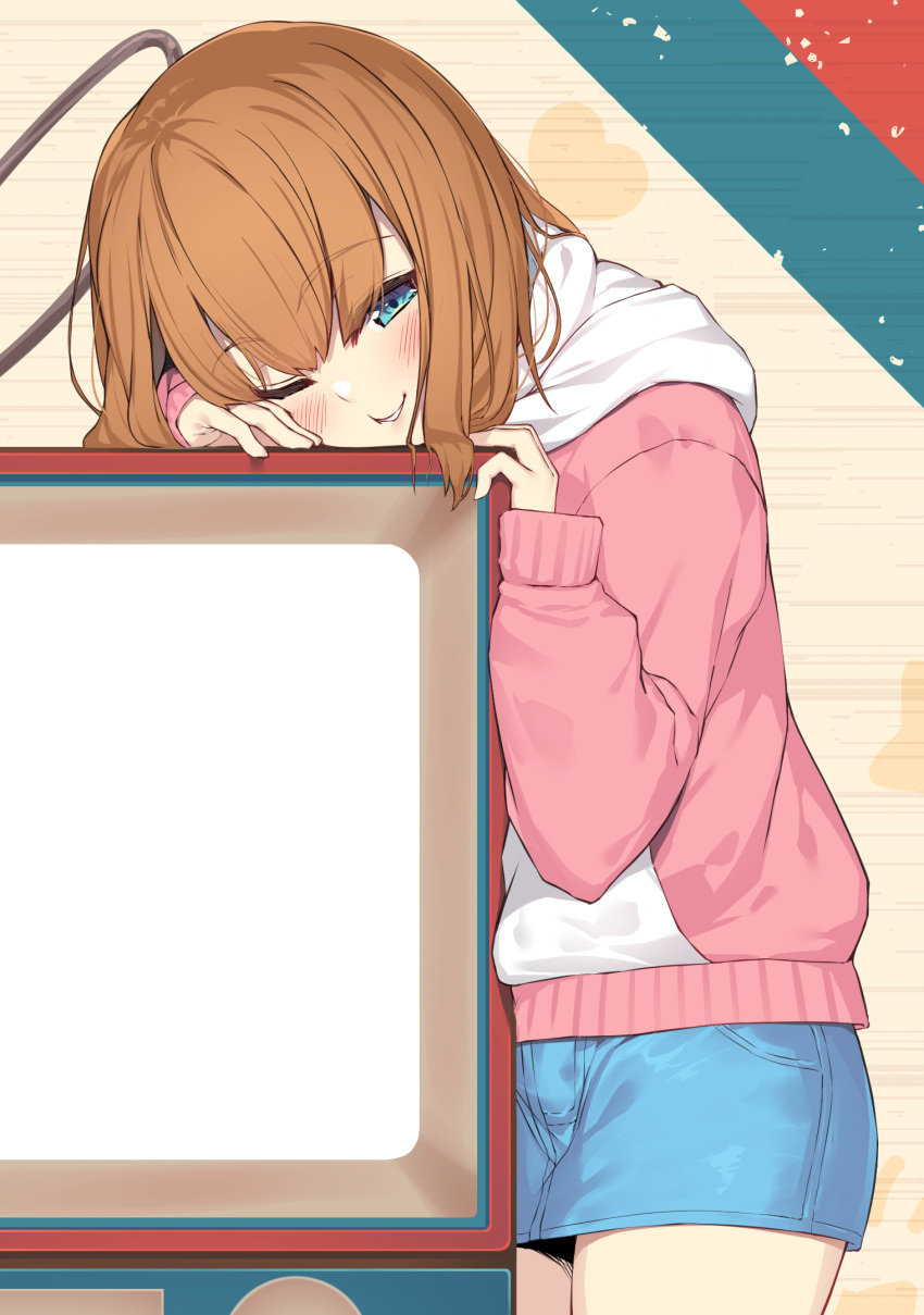 1girl blue_eyes blue_skirt blush brown_hair commentary_request copyright_request hair_between_eyes halo head_tilt heart highres hood hood_down hoodie indie_virtual_youtuber long_sleeves looking_at_viewer olive_(laai) one_eye_closed pink_hoodie puffy_long_sleeves puffy_sleeves skirt sleeves_past_wrists solo virtual_youtuber yamake_(vtuber)