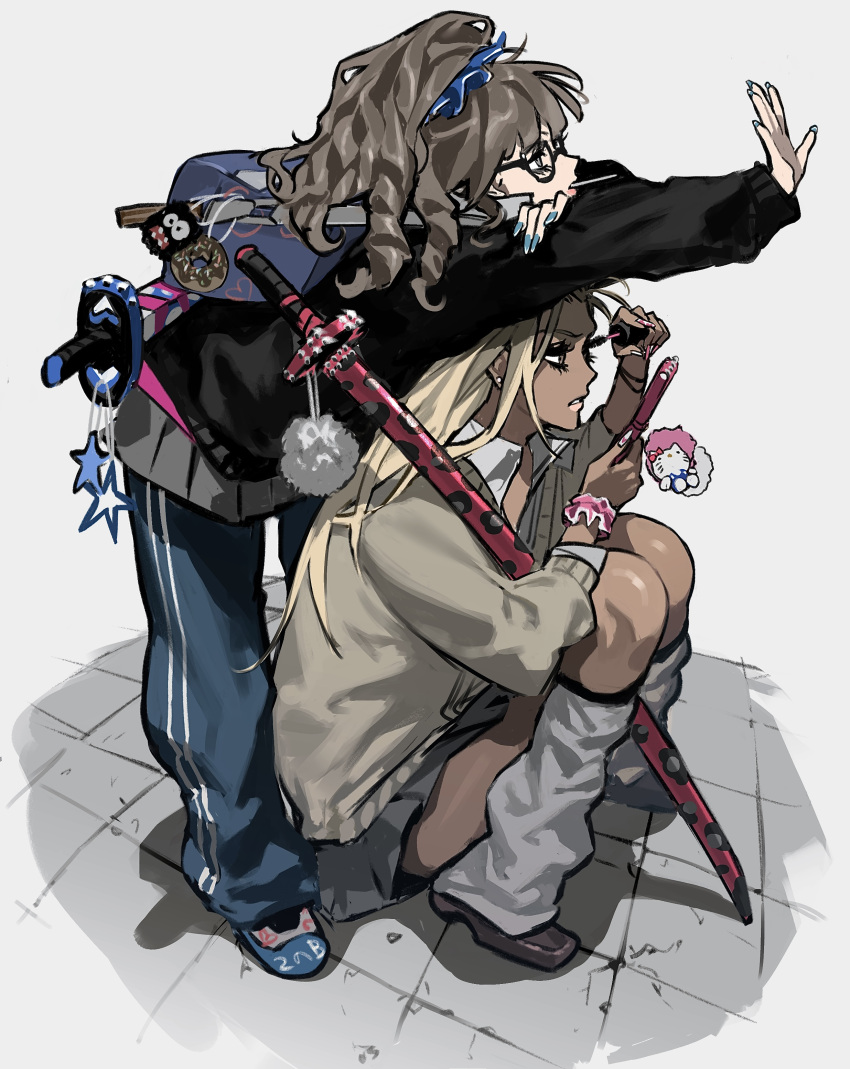 2girls absurdres applying_makeup aqua_nails backpack bag bag_charm black-framed_eyewear blonde_hair blue_pants brown_eyes brown_hair cardigan cellphone cellphone_charm charm_(object) dark-skinned_female dark_skin drill_hair earrings eyelash_curler fake_eyelashes from_side ganguro glasses gyaru hand_on_own_arm hello_kitty hello_kitty_(character) highres holding holding_phone jewelry katana kogal leaning_forward long_hair long_sleeves looking_at_hand loose_socks ma0ma0_0 makeup_brush mouth_hold multiple_girls nail_polish pants parted_lips phone pink_nails pink_scrunchie pleated_skirt puffy_long_sleeves puffy_sleeves sanrio school_uniform scrunchie shadow skirt socks standing stone_floor sword tan weapon weapon_behind_back white_nails wrist_scrunchie