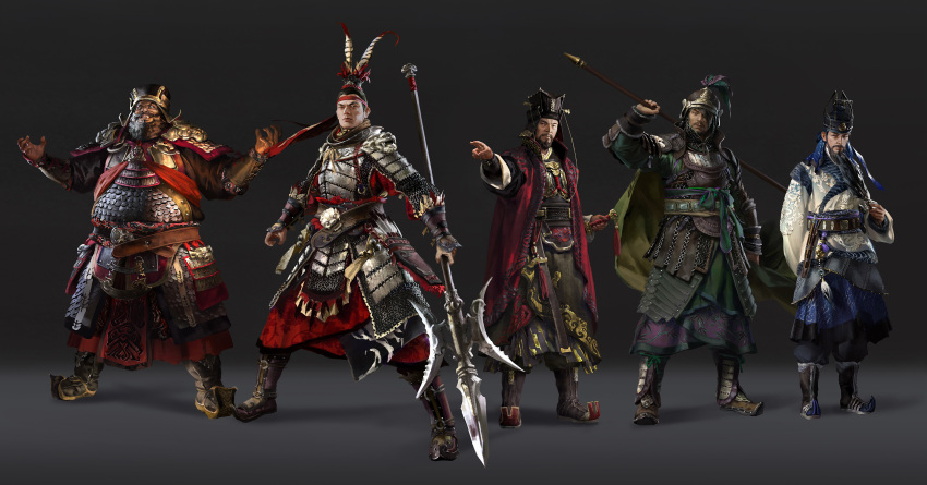5boys arm_up armor armored_boots arms_up beard black_background black_hanfu boots cao_cao chinese_armor chinese_clothes chinese_empire dong_zhuo eyepatch facial_hair fangtian_ji fat feather_fan feathers guan_hat han_dynasty hand_fan hanfu head_tilt headband helmet highres holding holding_fan holding_polearm holding_weapon jacket lamellar_armor laughing leather_armor looking_at_viewer lu_bu lulu_zhang multiple_boys official_art over_shoulder pointing polearm red_jacket romance_of_the_three_kingdoms scale_armor sheath sima_yi spear standing sword total_war:_three_kingdoms weapon weapon_over_shoulder white_hanfu wide_sleeves xiahou_dun