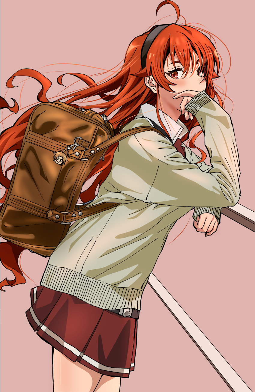 1girl absurdres bag bag_charm black_hairband brown_bag charm_(object) elbow_rest eris_greyrat gyaru hairband highres kou_(spad7u59) long_hair long_sleeves looking_at_viewer mushoku_tensei pink_background pleated_skirt red_eyes red_hair red_skirt school_bag school_uniform shoulder_bag simple_background skirt solo sweater white_sweater