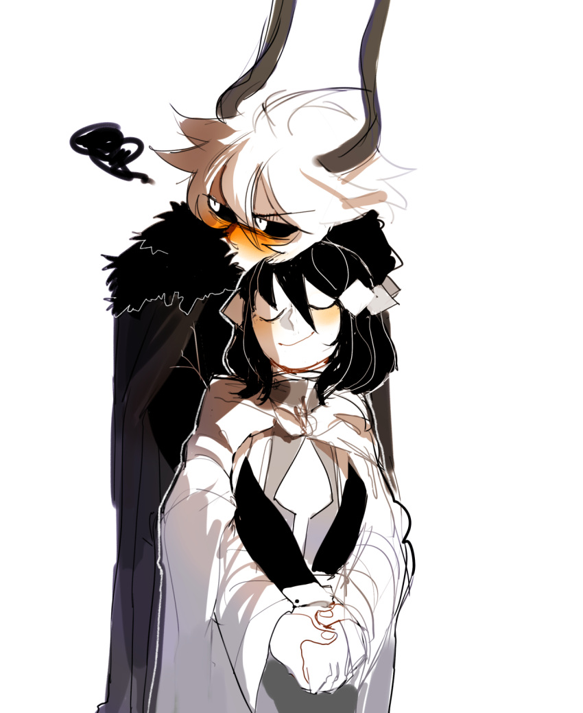 1boy 1girl black_hair blush closed_eyes couple demon_boy demon_horns embarrassed etihw_(haiiro_teien) funamusea haiiro_teien highres homiwomi horns kcalb_(haiiro_teien) looking_to_the_side short_hair smile white_hair