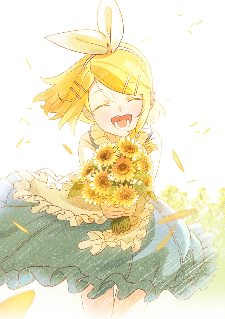 1girl absurdres apron blonde_hair blue_dress bon_bon_eee bouquet bow closed_eyes dress falling_petals field flower flower_field frilled_apron frilled_dress frills hair_bow hair_ornament hairclip happy highres holding holding_bouquet kagamine_rin open_mouth petals pov short_hair sidelocks smile solo sunflower sunflower_field swept_bangs teeth tongue upper_body vocaloid white_apron white_background white_bow