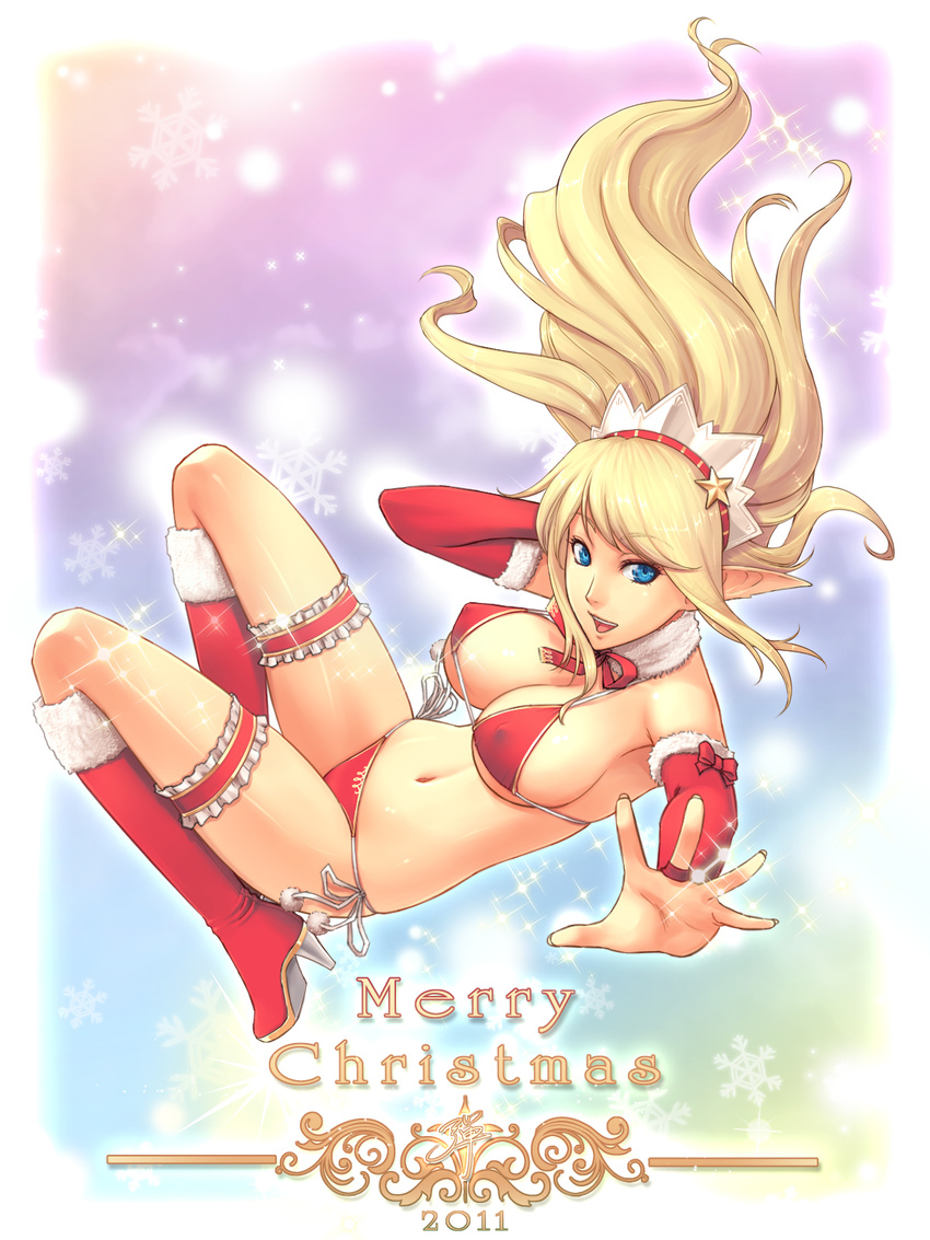 bikini blonde_hair blue_eyes boots breasts bridal_gauntlets christmas covered_nipples dan_(kumadan) foreshortening hat highres janna_windforce large_breasts league_of_legends long_hair looking_at_viewer open_mouth pointy_ears santa_boots shiny shiny_skin side-tie_bikini solo strap_gap swimsuit