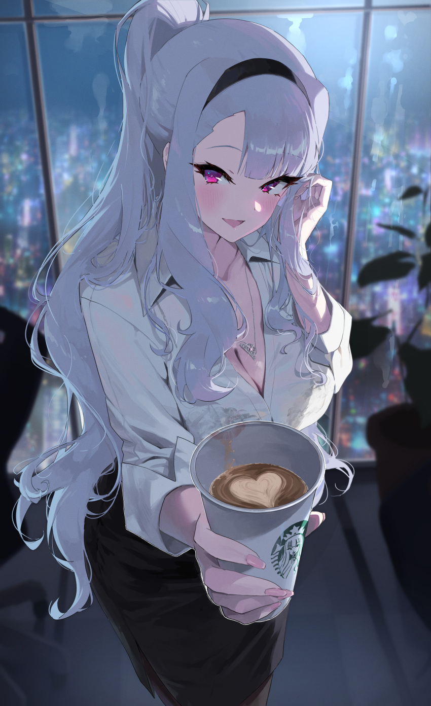 1girl absurdres black_bra black_hairband black_skirt blush bra bra_visible_through_clothes breasts cityscape cleavage coffee collarbone commentary_request cup fingernails giving grey_hair hairband highres holding holding_cup idolmaster idolmaster_(classic) idolmaster_million_live! indoors jewelry large_breasts latte_art logo_parody long_hair looking_at_viewer midnamana necklace night office_lady open_collar ponytail shijou_takane shirt skirt smile solo starbucks underwear very_long_hair white_shirt
