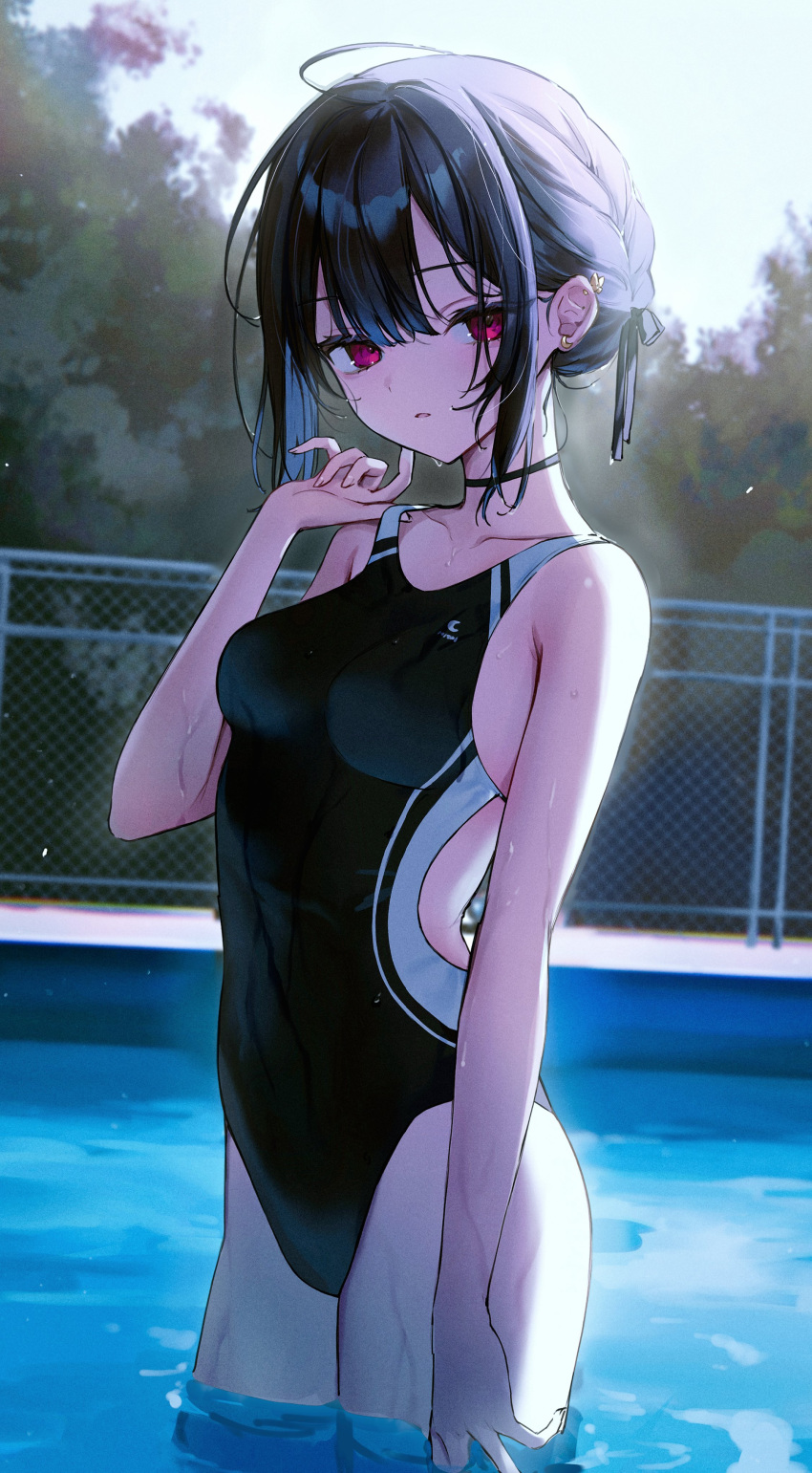 1girl absurdres bare_shoulders black_hair braid collarbone hair_between_eyes hair_ribbon highres looking_at_viewer nekoyashiki_pushio original pool red_eyes ribbon school_swimsuit sleeveless solo standing swimsuit thighs water water_drop