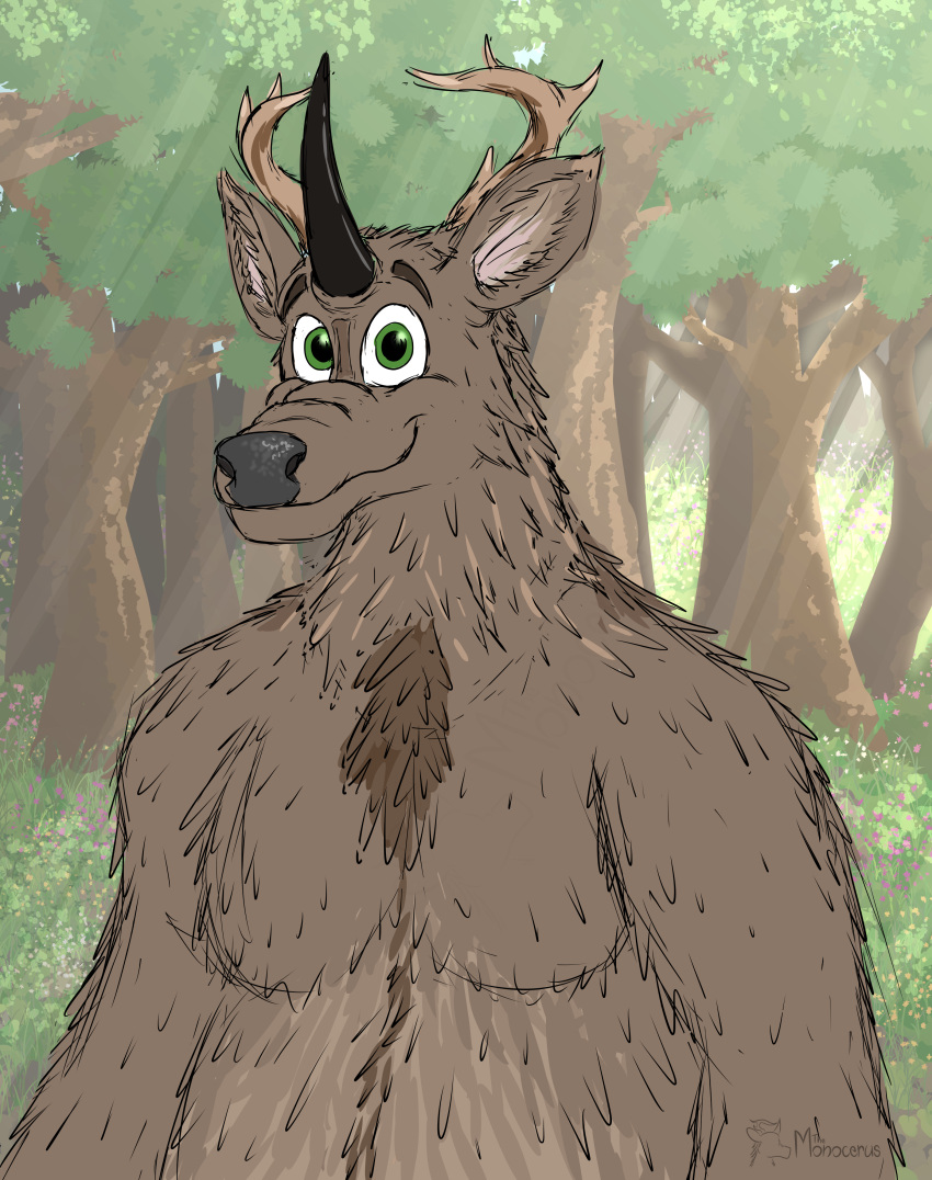absurd_res anthro antlers black_horn brown_body brown_fur day detailed_background flower forest fur fur_markings green_eyes grey_nose hi_res horn hybrid light light_beam looking_at_viewer male mammal markings miden monocerus monocerus_(species) outside plant shirtless shrub smile solo tree