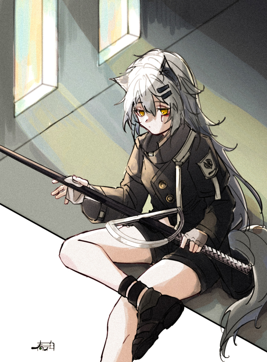 1girl animal_ears arknights black_footwear black_jacket black_shorts closed_mouth commentary_request commission expressionless fingerless_gloves foot_out_of_frame gloves grey_gloves grey_hair grey_tail hair_between_eyes hair_ornament hairclip hand_on_blade harukan_tiusu high_collar highres holding holding_sword holding_weapon jacket lappland_(arknights) long_hair long_sleeves looking_down orange_eyes shoe_soles shoes shorts signature sitting skeb_commission solo sword tail unfinished weapon wolf_ears wolf_girl wolf_tail